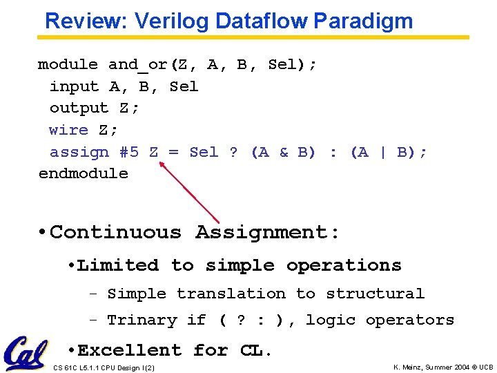 Review: Verilog Dataflow Paradigm module and_or(Z, A, B, Sel); input A, B, Sel output