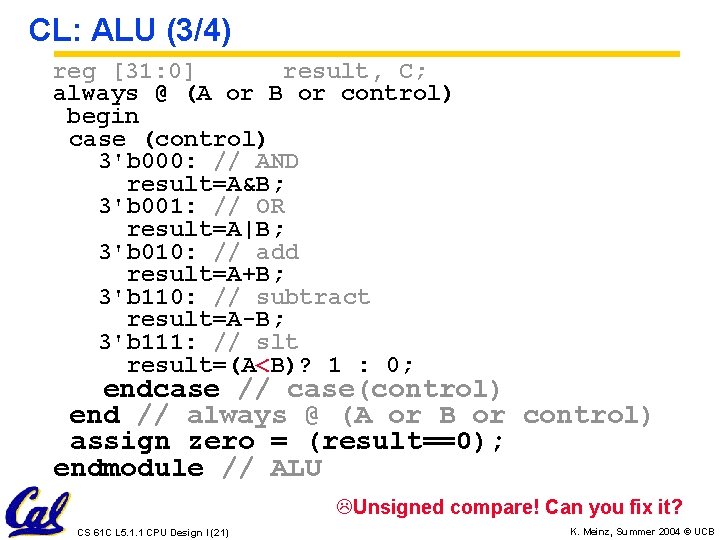 CL: ALU (3/4) reg [31: 0] result, C; always @ (A or B or