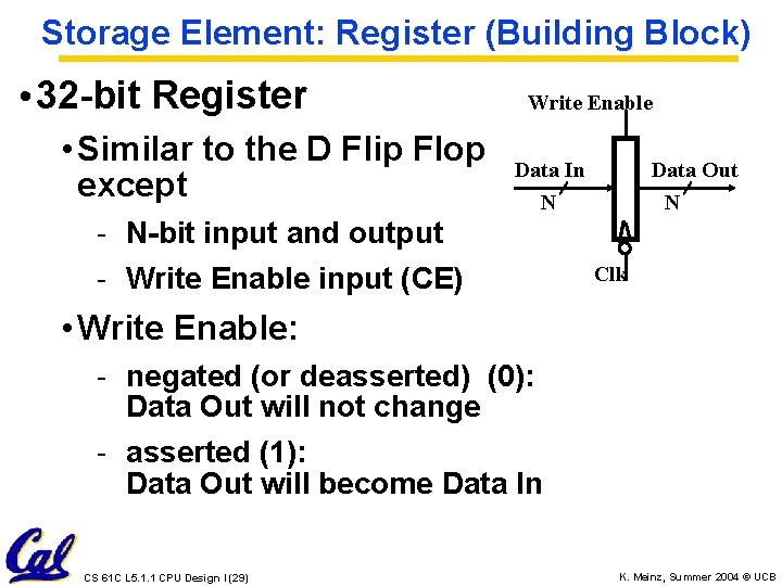 Storage Element: Register (Building Block) • 32 -bit Register • Similar to the D