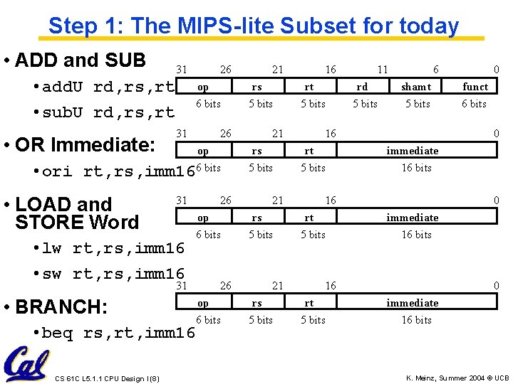 Step 1: The MIPS-lite Subset for today • ADD and SUB 31 • add.