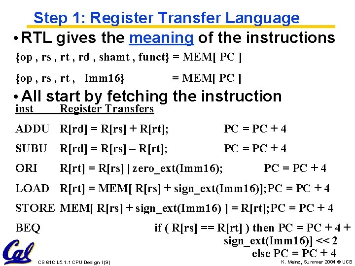 Step 1: Register Transfer Language • RTL gives the meaning of the instructions {op