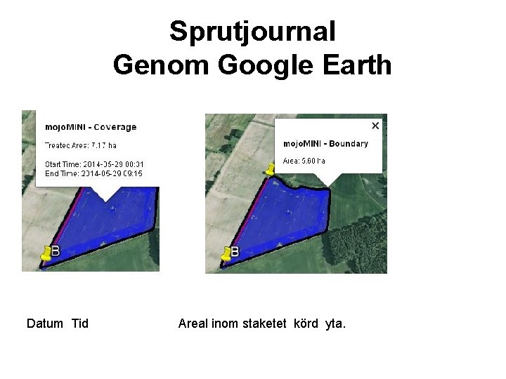 Sprutjournal Genom Google Earth Datum Tid Areal inom staketet körd yta. 