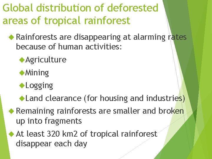 Global distribution of deforested areas of tropical rainforest Rainforests are disappearing at alarming rates