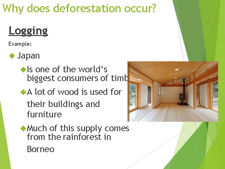 Why does deforestation occur? Logging Example: Japan Is one of the world’s biggest consumers