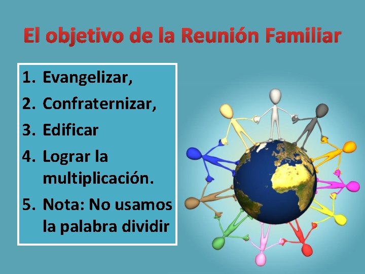 El objetivo de la Reunión Familiar 1. 2. 3. 4. Evangelizar, Confraternizar, Edificar Lograr