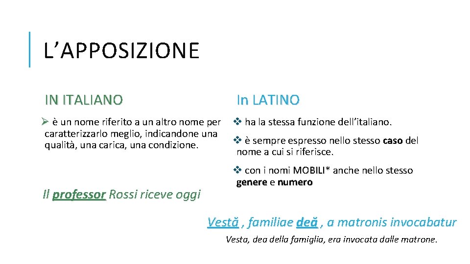 L’APPOSIZIONE IN ITALIANO In LATINO Ø è un nome riferito a un altro nome