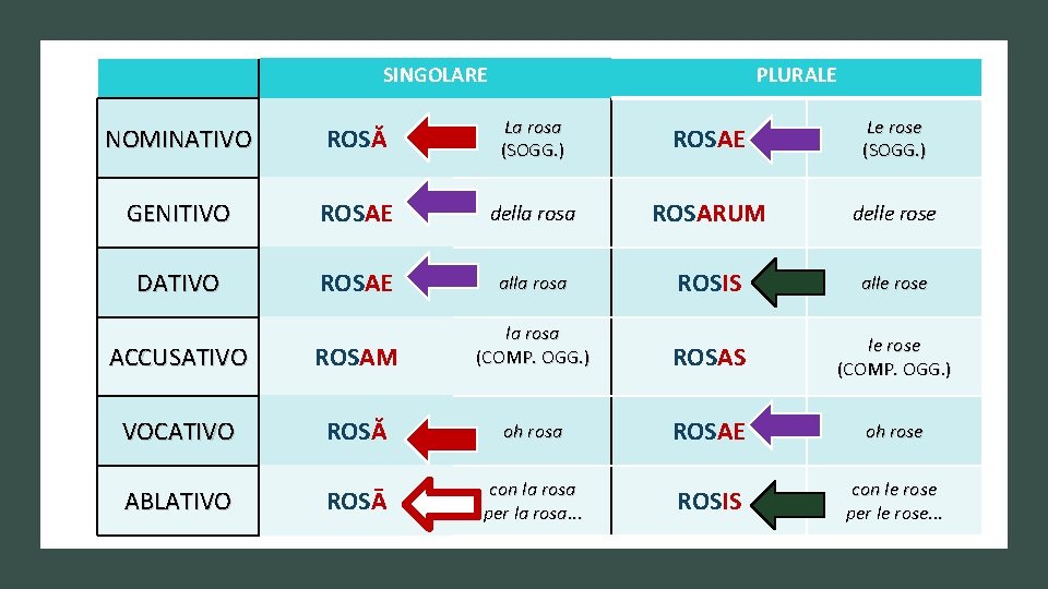 SINGOLARE PLURALE NOMINATIVO ROSĂ La rosa (SOGG. ) ROSAE Le rose (SOGG. ) GENITIVO