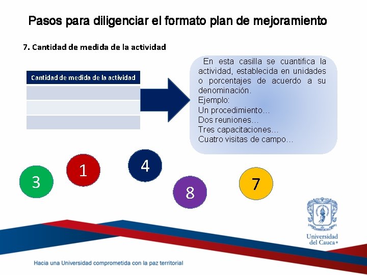 Pasos para diligenciar el formato plan de mejoramiento 7. Cantidad de medida de la