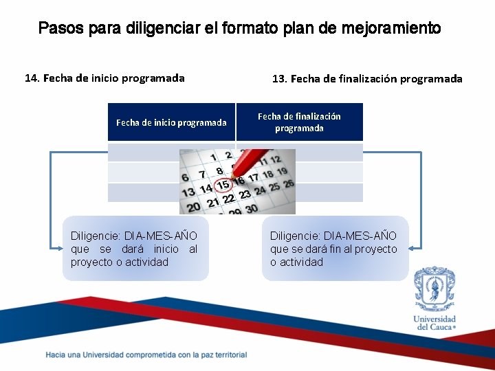 Pasos para diligenciar el formato plan de mejoramiento 14. Fecha de inicio programada Diligencie: