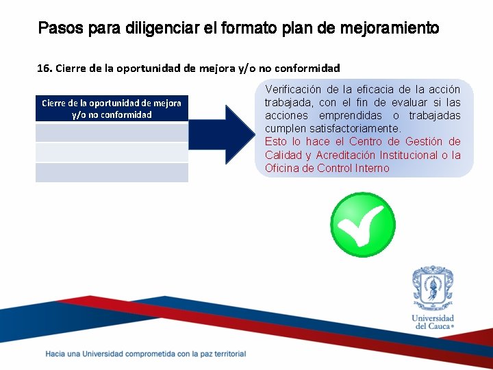 Pasos para diligenciar el formato plan de mejoramiento 16. Cierre de la oportunidad de