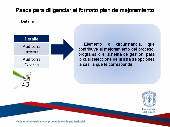 Pasos para diligenciar el formato plan de mejoramiento Detalle Auditoría Interna Auditoría Externa Elemento