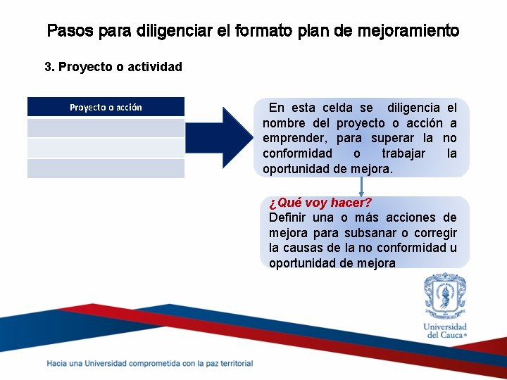 Pasos para diligenciar el formato plan de mejoramiento 3. Proyecto o actividad Proyecto o