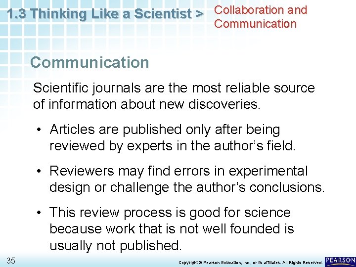 1. 3 Thinking Like a Scientist > Collaboration and Communication Scientific journals are the