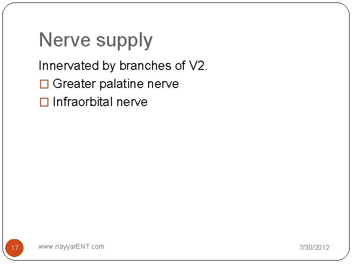 Nerve supply Innervated by branches of V 2. � Greater palatine nerve � Infraorbital Nerve supply Innervated by branches of V 2. � Greater palatine nerve � Infraorbital
