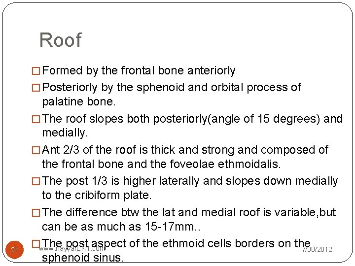 Roof � Formed by the frontal bone anteriorly � Posteriorly by the sphenoid and Roof � Formed by the frontal bone anteriorly � Posteriorly by the sphenoid and