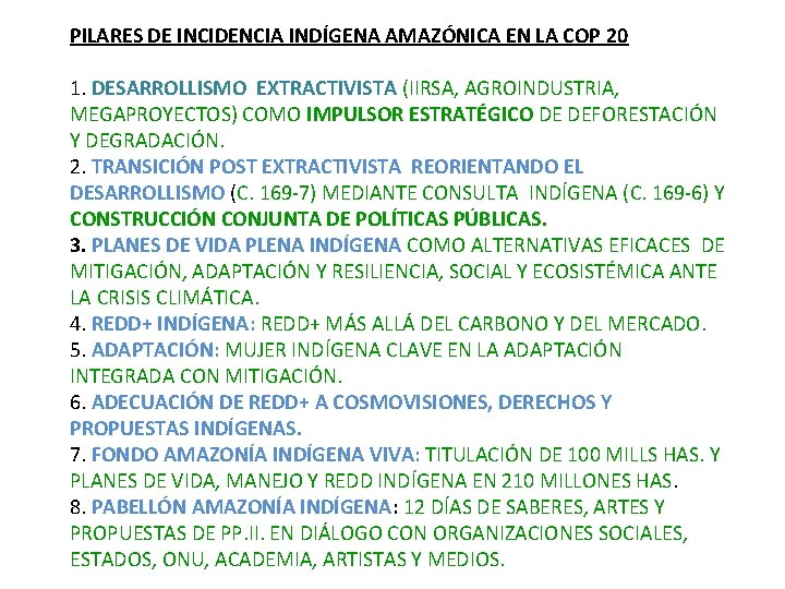 PILARES DE INCIDENCIA INDÍGENA AMAZÓNICA EN LA COP 20 1. DESARROLLISMO EXTRACTIVISTA (IIRSA, AGROINDUSTRIA,