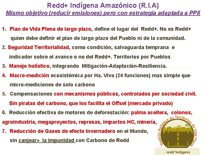 Redd+ Indígena Amazónico (R. I. A) Mismo objetivo (reducir emisiones) pero con estrategia adaptada