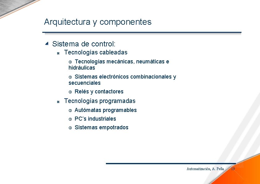 Arquitectura y componentes Sistema de control: Tecnologías cableadas Tecnologías mecánicas, neumáticas e hidráulicas Sistemas