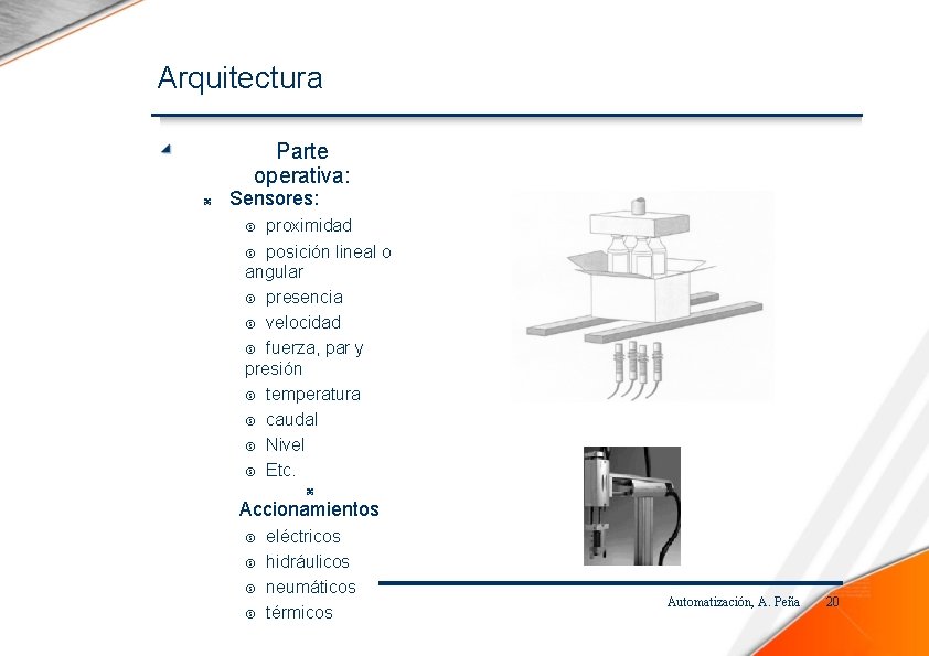 Arquitectura Parte operativa: Sensores: proximidad posición lineal o angular presencia velocidad fuerza, par y