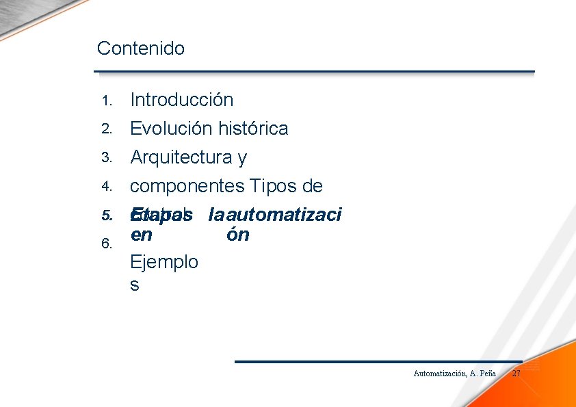 Contenido 1. Introducción 2. Evolución histórica Arquitectura y componentes Tipos de Etapas control laautomatizaci