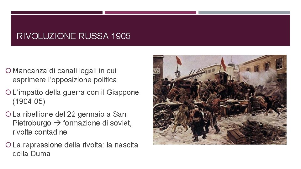 RIVOLUZIONE RUSSA 1905 Mancanza di canali legali in cui esprimere l’opposizione politica L’impatto della