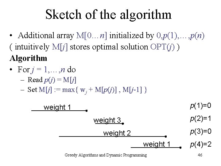 Sketch of the algorithm • Additional array M[0…n] initialized by 0, p(1), …, p(n)