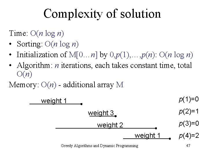 Complexity of solution Time: O(n log n) • Sorting: O(n log n) • Initialization