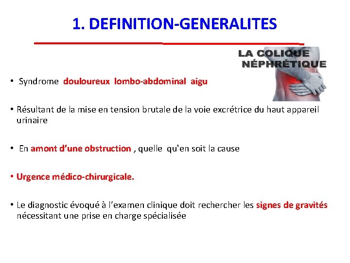 1. DEFINITION-GENERALITES • Syndrome douloureux lombo-abdominal aigu • Résultant de la mise en tension