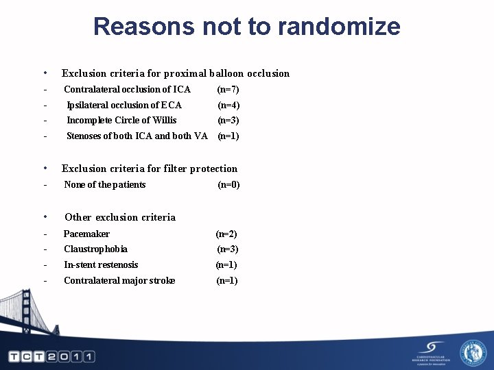 Reasons not to randomize • Exclusion criteria for proximal balloon occlusion - Contralateral occlusion