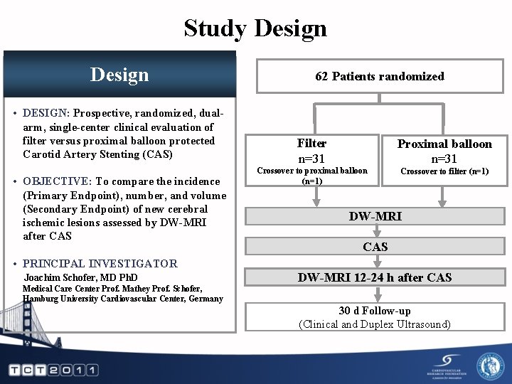 Study Design • DESIGN: Prospective, randomized, dualarm, single-center clinical evaluation of filter versus proximal