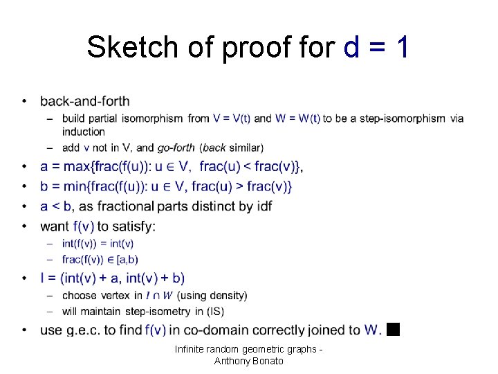 Sketch of proof for d = 1 • Infinite random geometric graphs Anthony Bonato