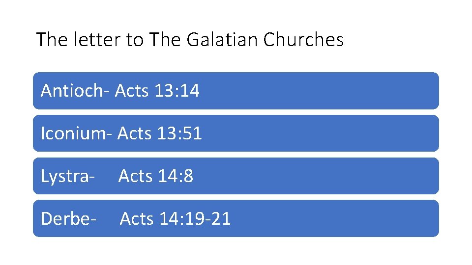 The letter to The Galatian Churches Antioch- Acts 13: 14 Iconium- Acts 13: 51