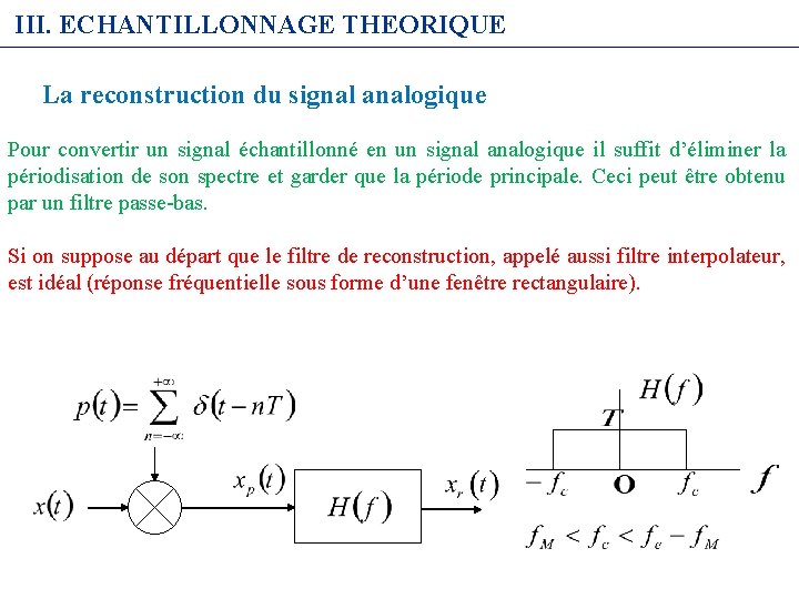 III. ECHANTILLONNAGE THEORIQUE La reconstruction du signal analogique Pour convertir un signal échantillonné en