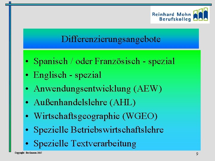 Differenzierungsangebote • • Spanisch / oder Französisch - spezial Englisch - spezial Anwendungsentwicklung (AEW)