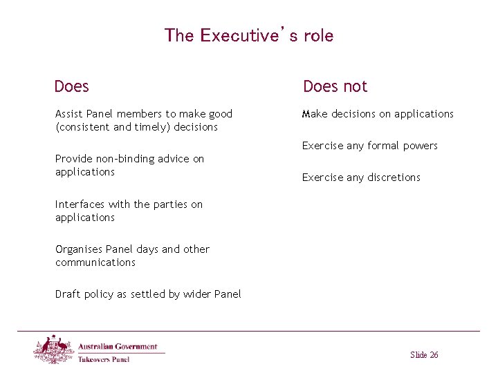 The Executive’s role Does not Assist Panel members to make good (consistent and timely)
