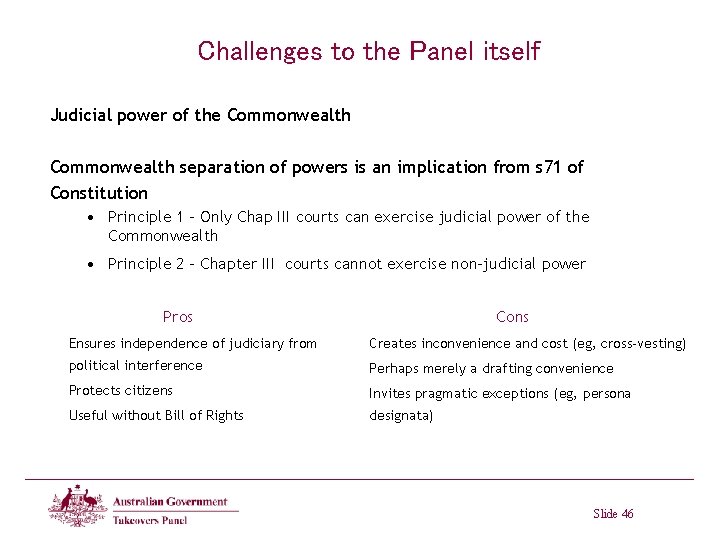 Challenges to the Panel itself Judicial power of the Commonwealth separation of powers is