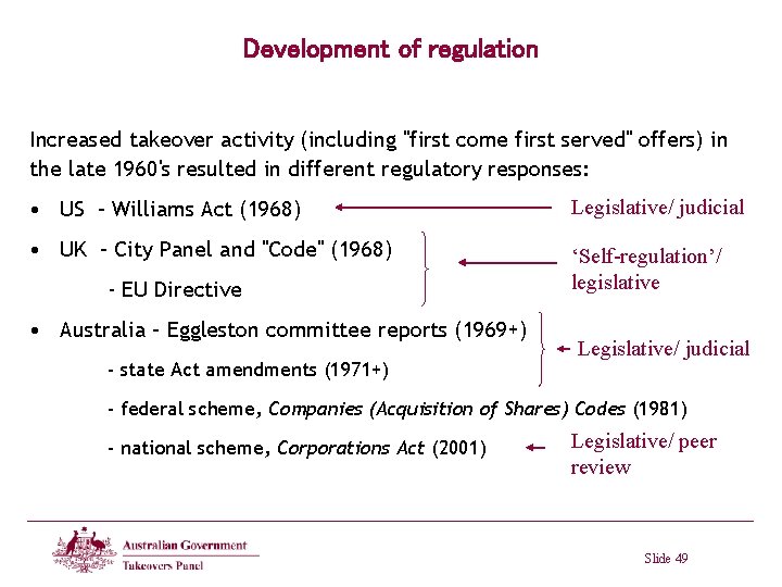 Development of regulation Increased takeover activity (including "first come first served" offers) in the