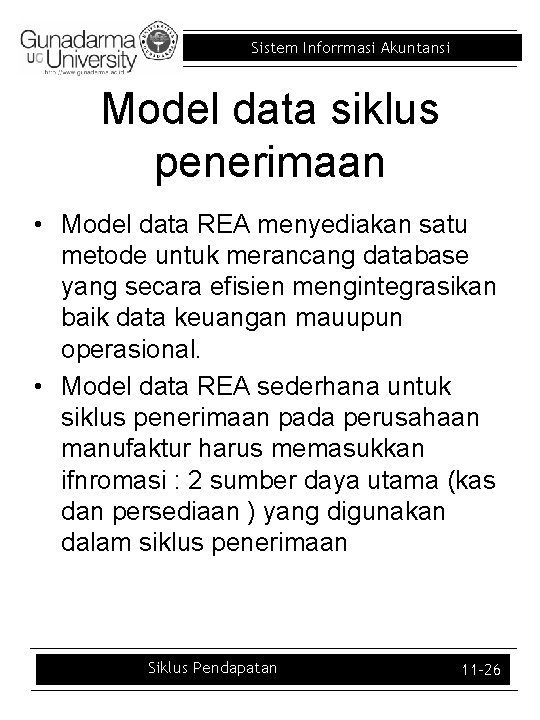 Sistem Inforrmasi Akuntansi Model data siklus penerimaan • Model data REA menyediakan satu metode