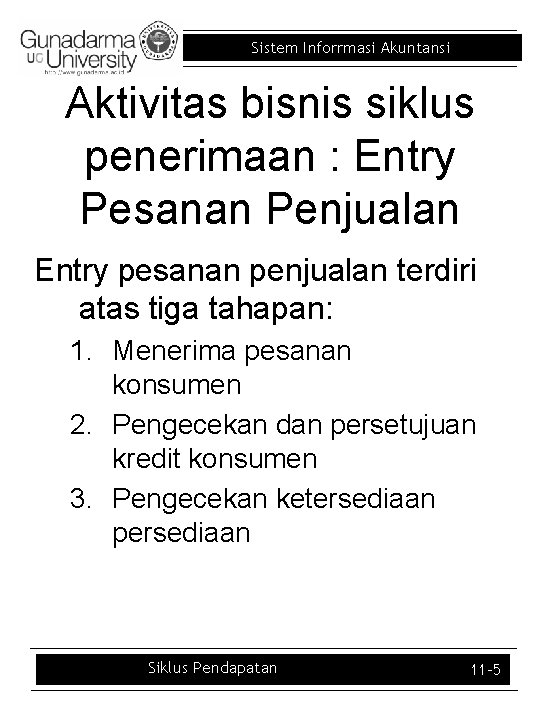 Sistem Inforrmasi Akuntansi Aktivitas bisnis siklus penerimaan : Entry Pesanan Penjualan Entry pesanan penjualan