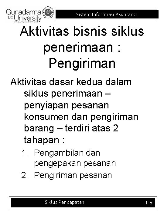 Sistem Inforrmasi Akuntansi Aktivitas bisnis siklus penerimaan : Pengiriman Aktivitas dasar kedua dalam siklus