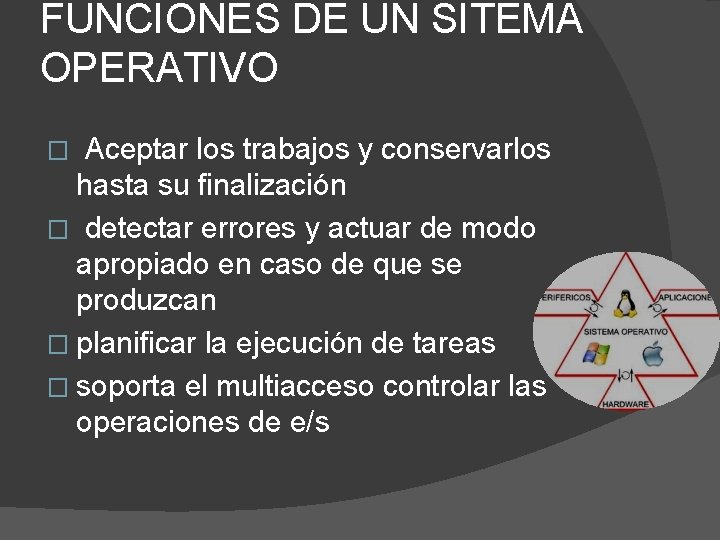 FUNCIONES DE UN SITEMA OPERATIVO Aceptar los trabajos y conservarlos hasta su finalización �