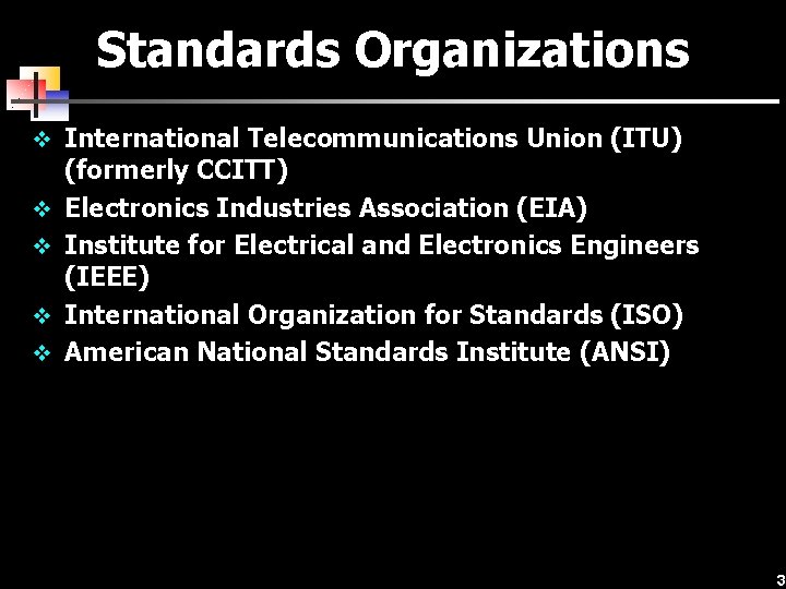 Standards Organizations v International Telecommunications Union (ITU) v v (formerly CCITT) Electronics Industries Association