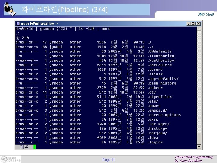 파이프라인(Pipeline) (3/4) Page 11 UNIX Shell Linux/UNIX Programming by Yang-Sae Moon 