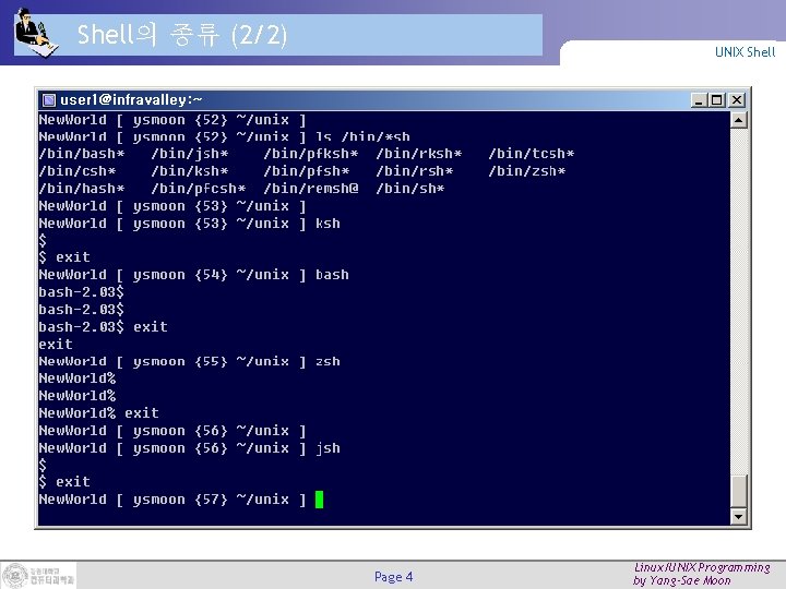 Shell의 종류 (2/2) UNIX Shell Page 4 Linux/UNIX Programming by Yang-Sae Moon 