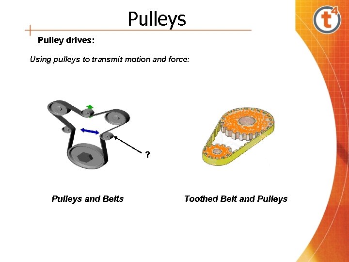 Pulleys Pulley drives: Using pulleys to transmit motion and force: ? Pulleys and Belts