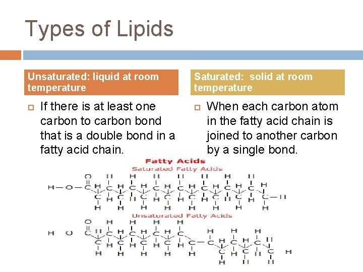 Types of Lipids Unsaturated: liquid at room temperature If there is at least one