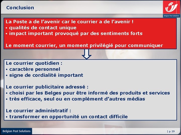 Conclusion La Poste a de l’avenir car le courrier a de l’avenir ! •