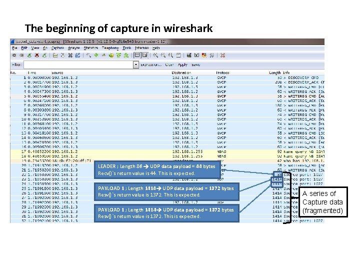 The beginning of capture in wireshark LEADER ; Length 86 UDP data payload =