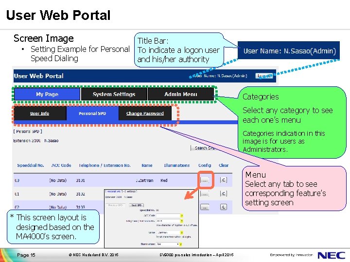 User Web Portal Screen Image Title Bar: • Setting Example for Personal To indicate