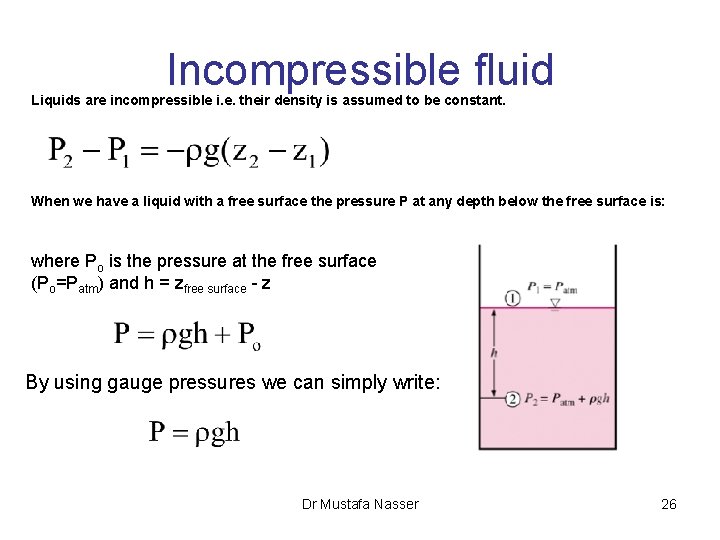 Incompressible fluid Liquids are incompressible i. e. their density is assumed to be constant.